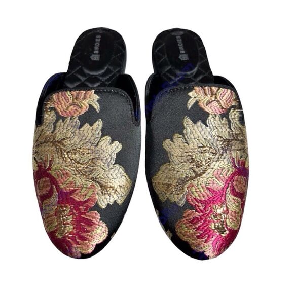 Birdies Black Quilted Floral Print Mules Size 5 - Picture 2 of 10
